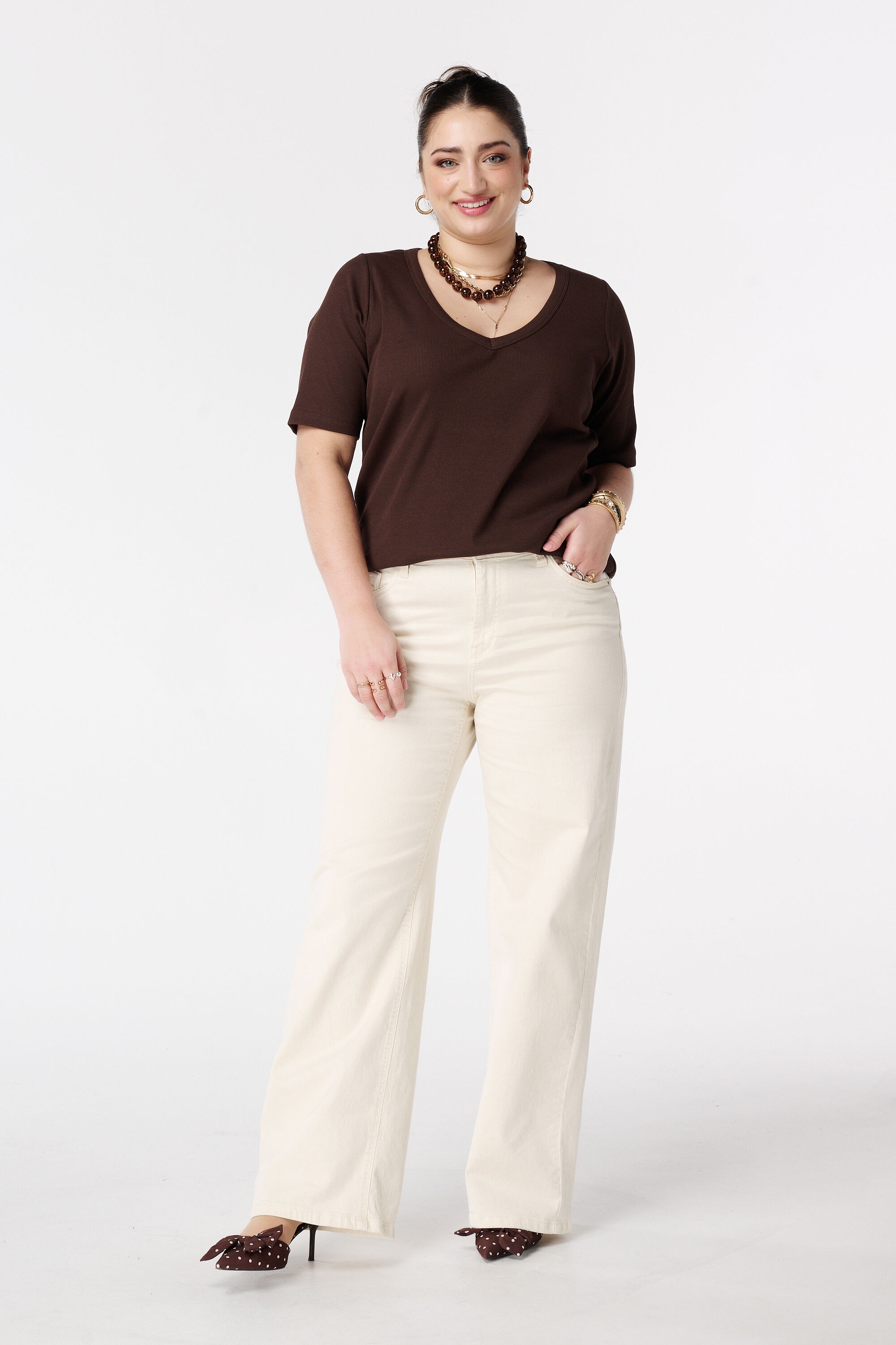 Ribstof top met v-hals image number 5