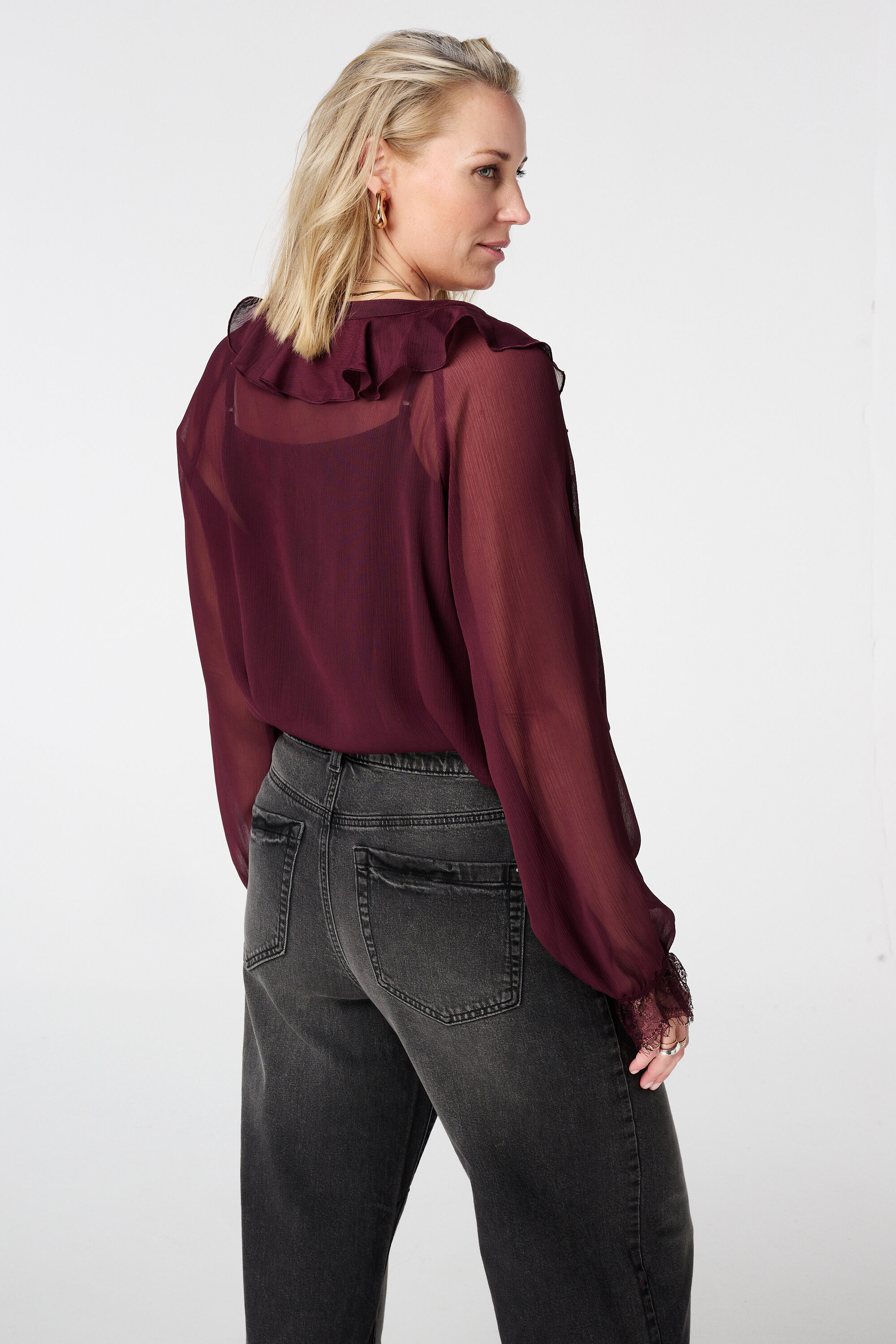 Sheer blouse met volants en kant image number 3