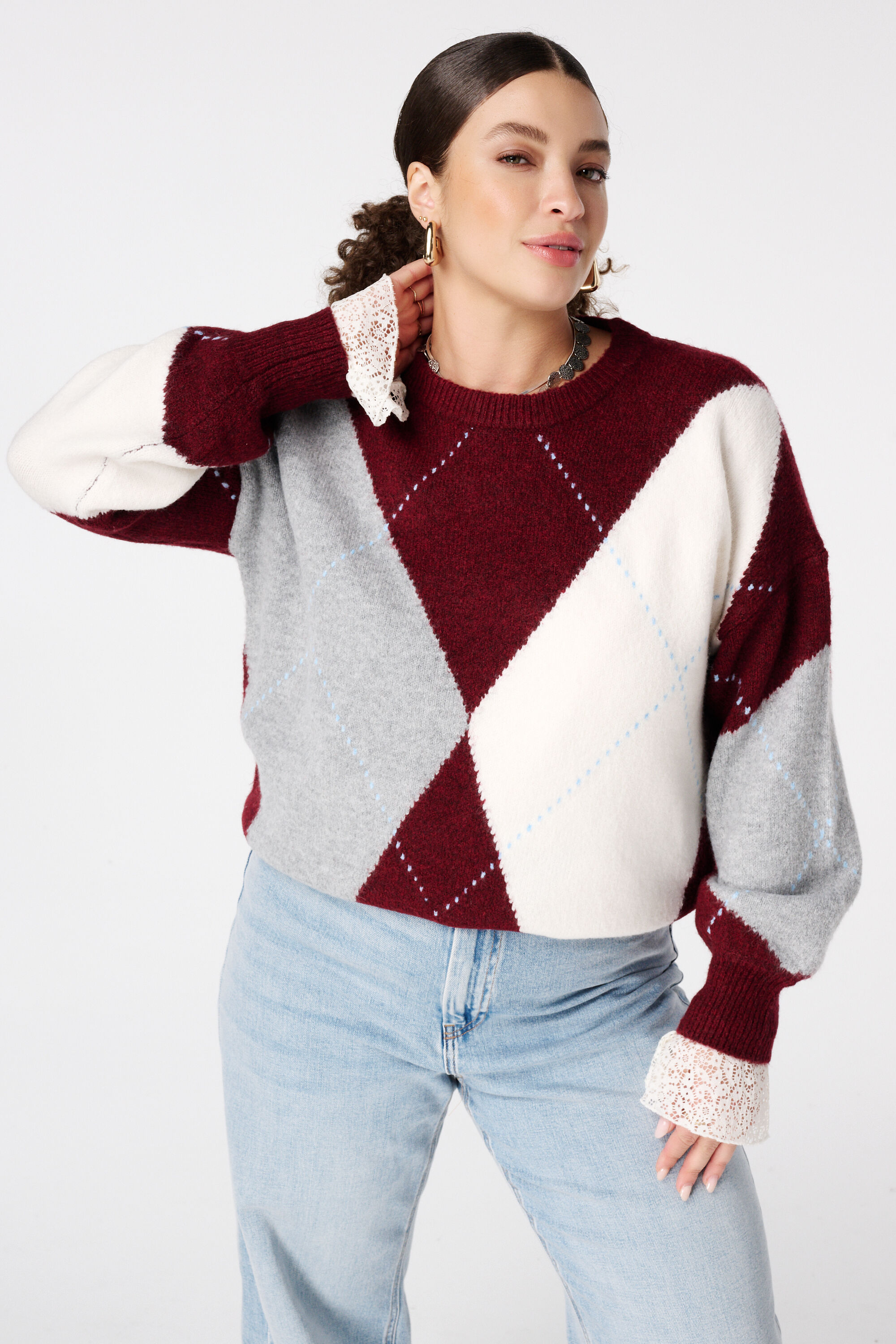 Pull tricot&eacute; &agrave; motif losange