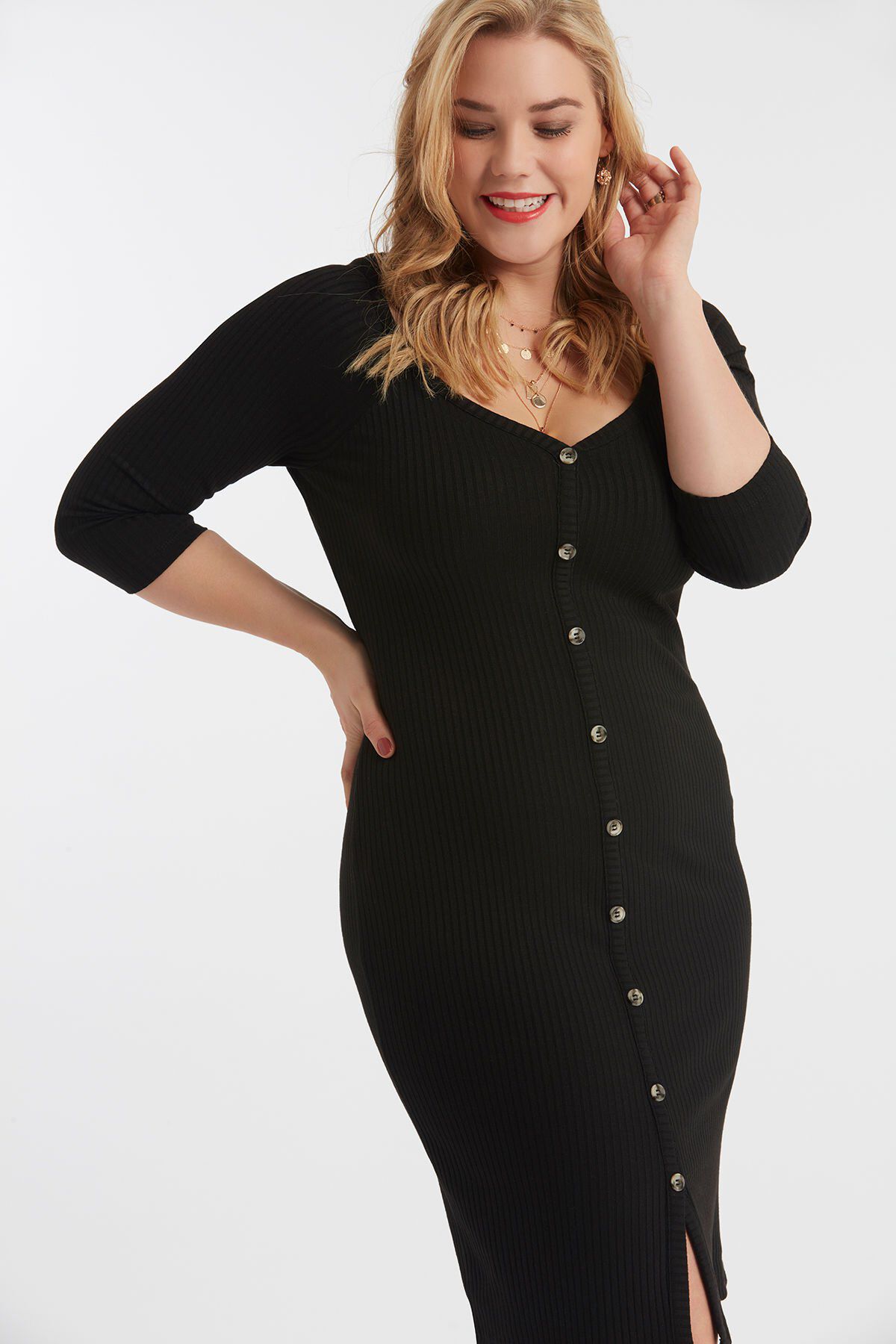 Fijn gebreide rib jurk met knopen image number 3