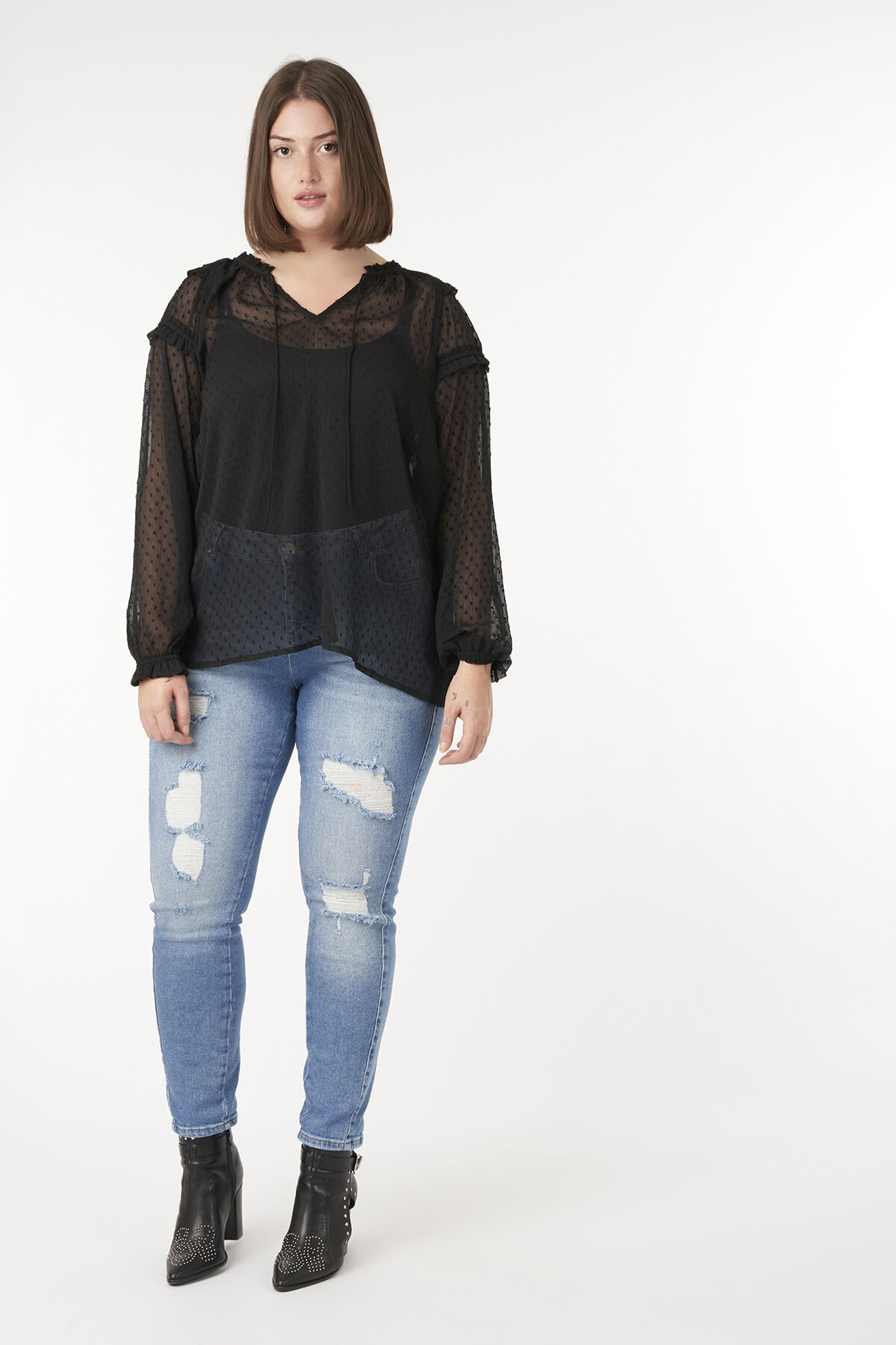 Chemisier semi-transparent &agrave; volants image number 5