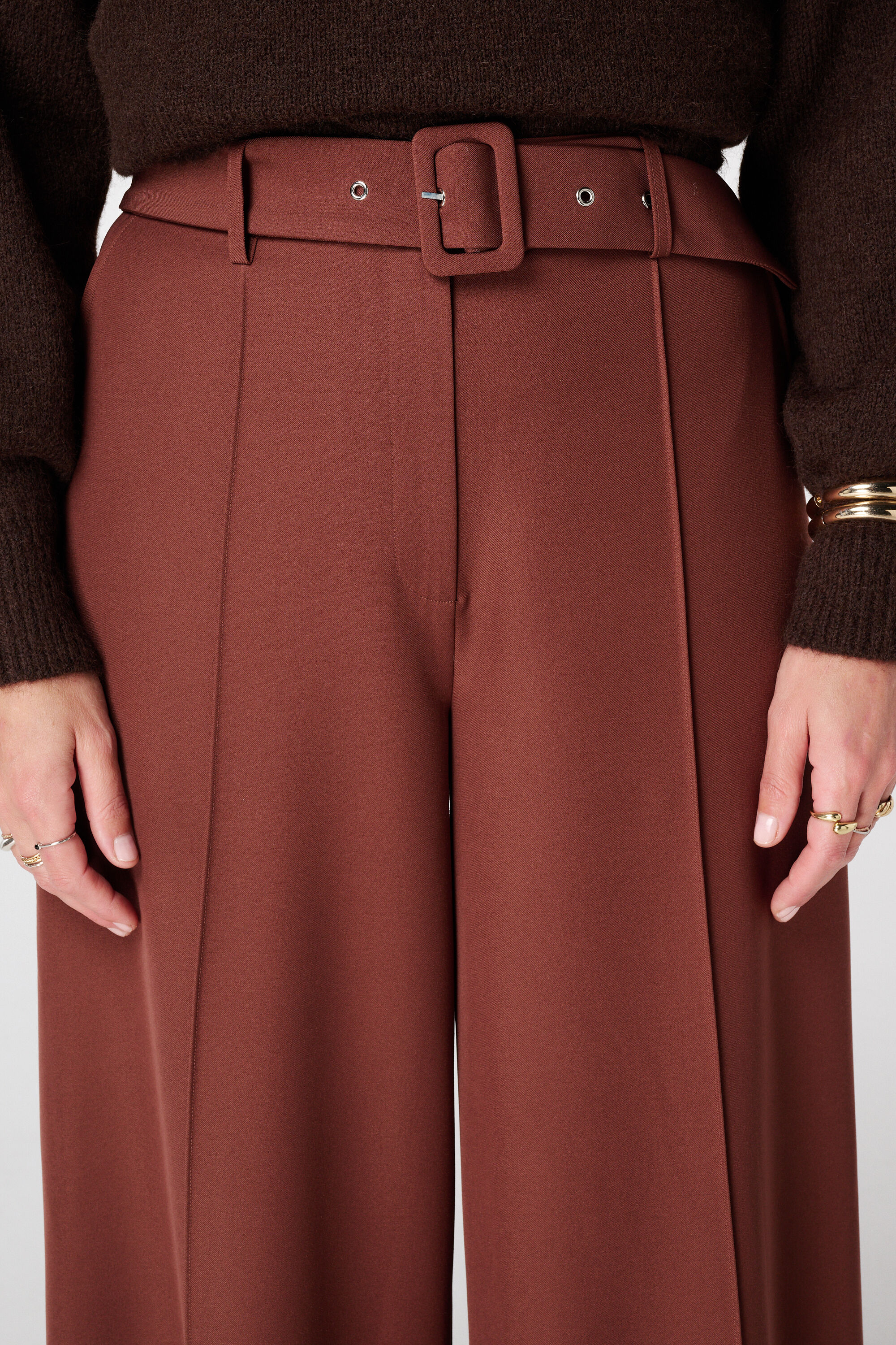 Wide leg pantalon met bies en taille riem image number 4