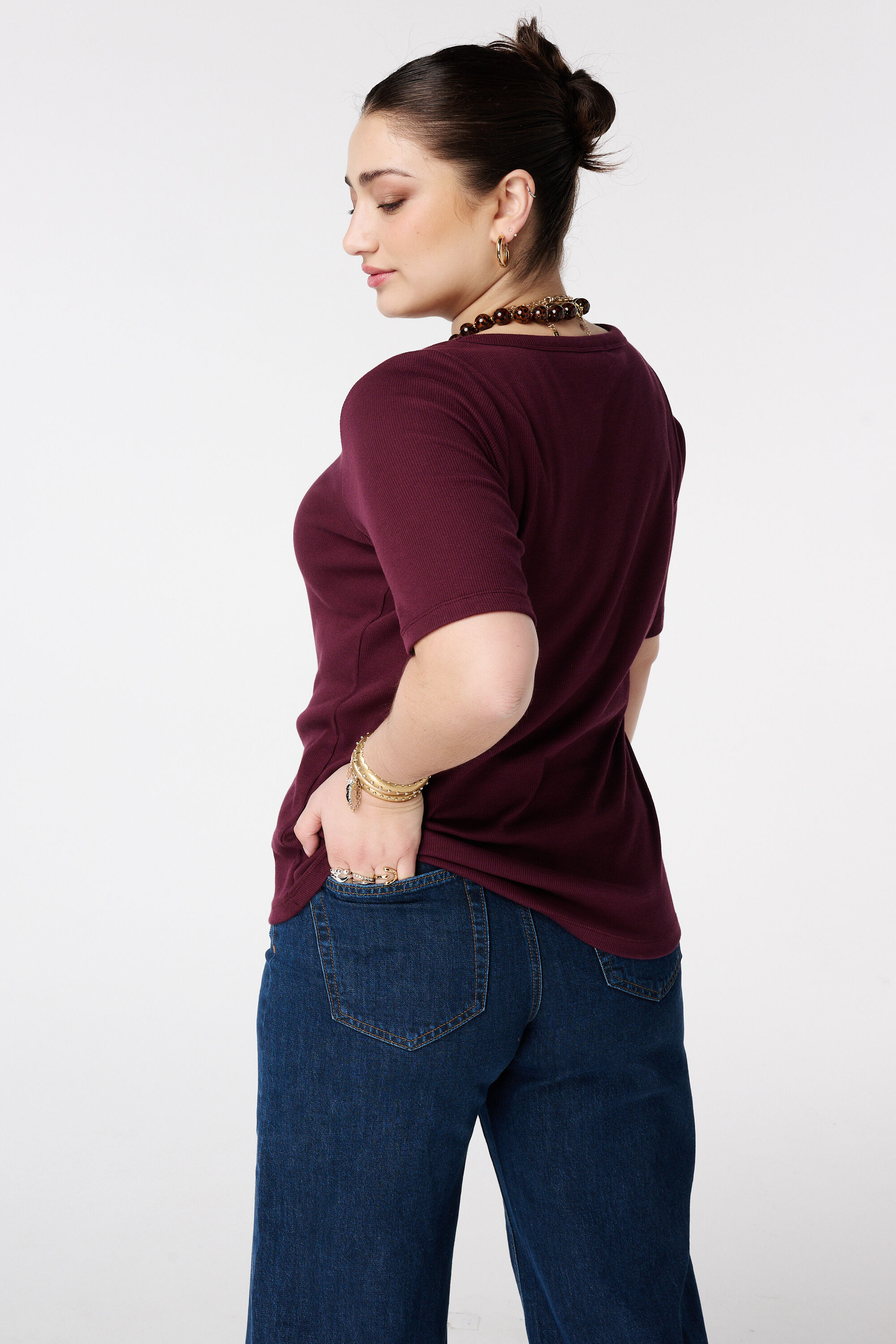 Ribstof top met v-hals image number 3