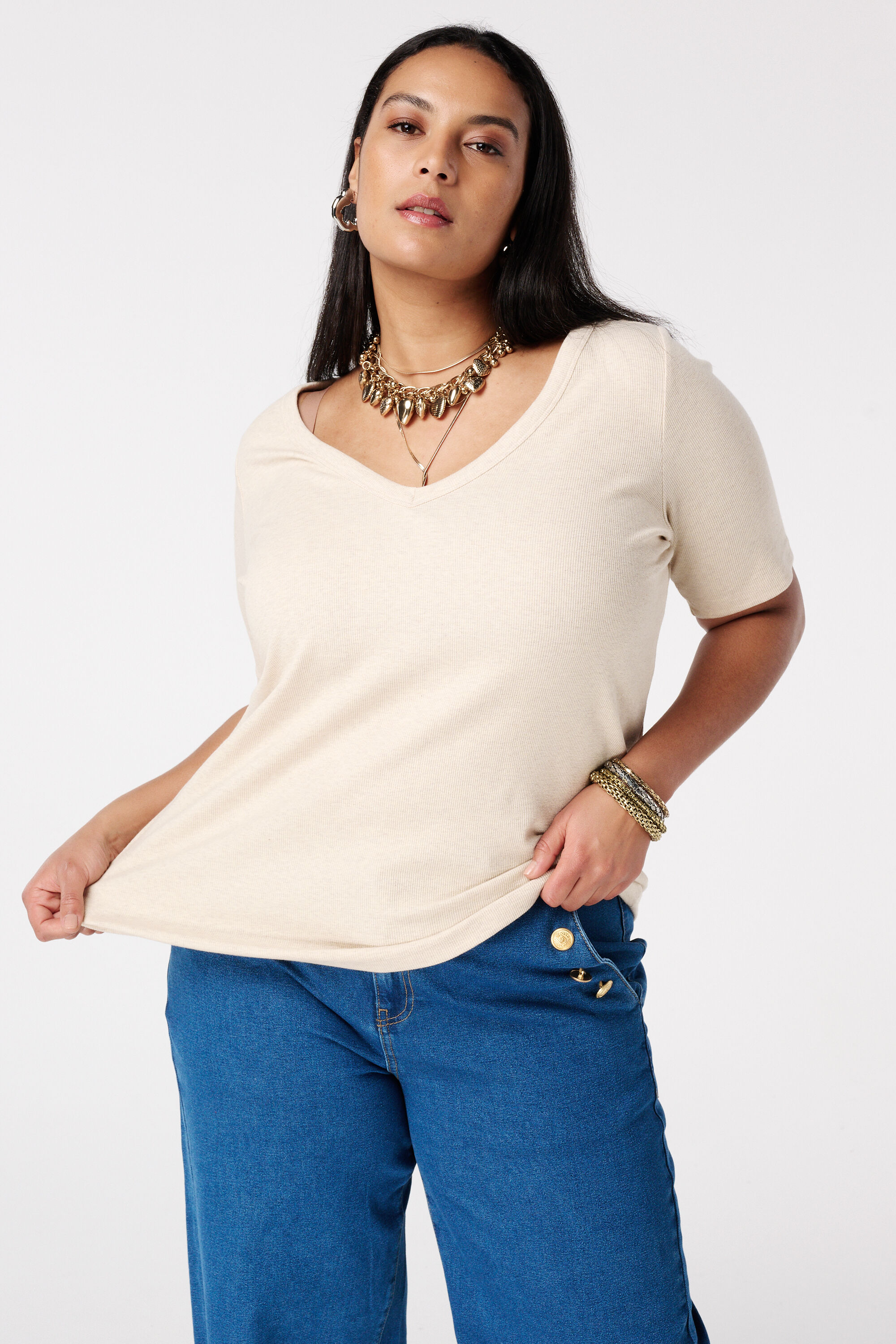 Ribstof top met v-hals