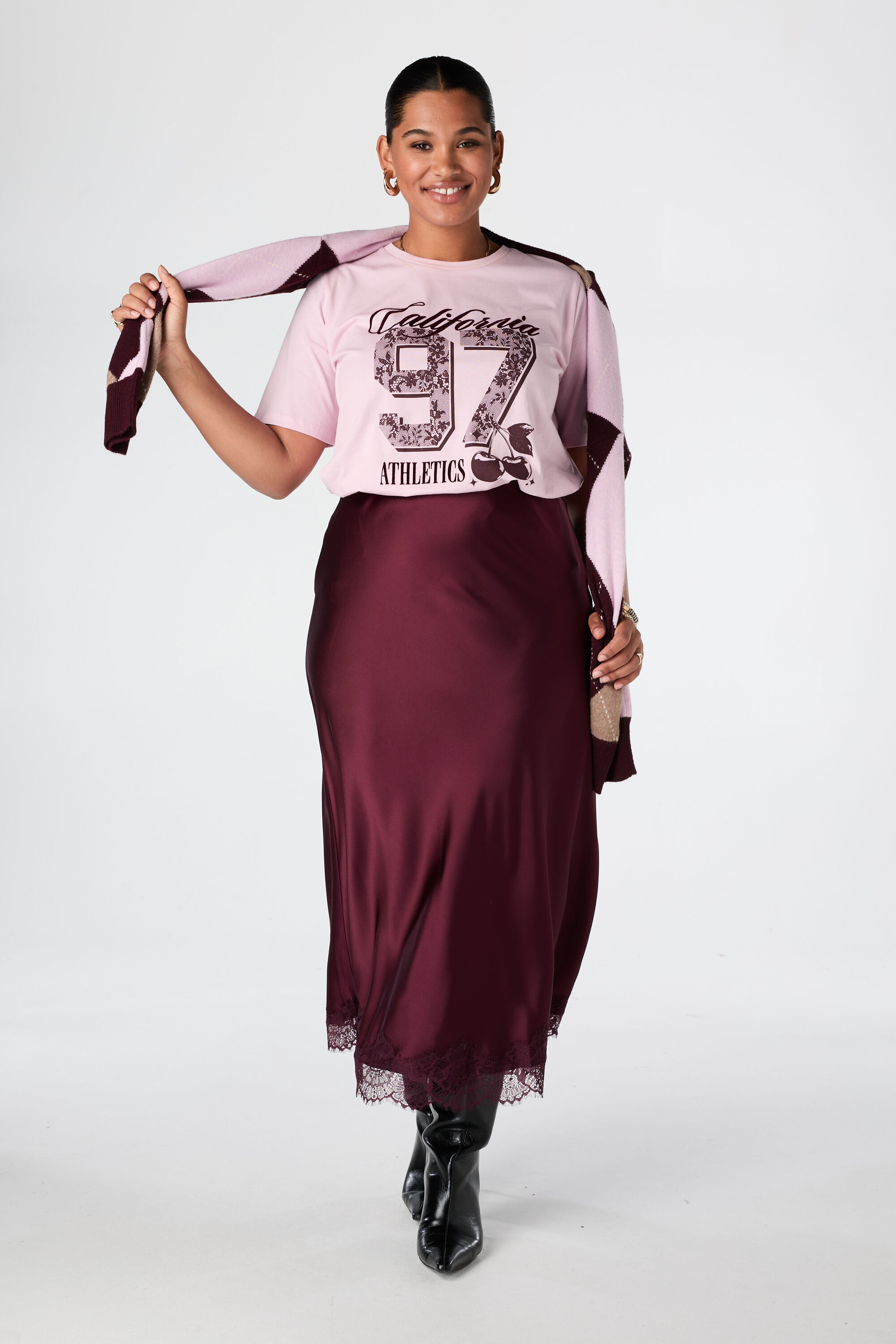 Jupe midi aspect satin avec dentelle image number 0