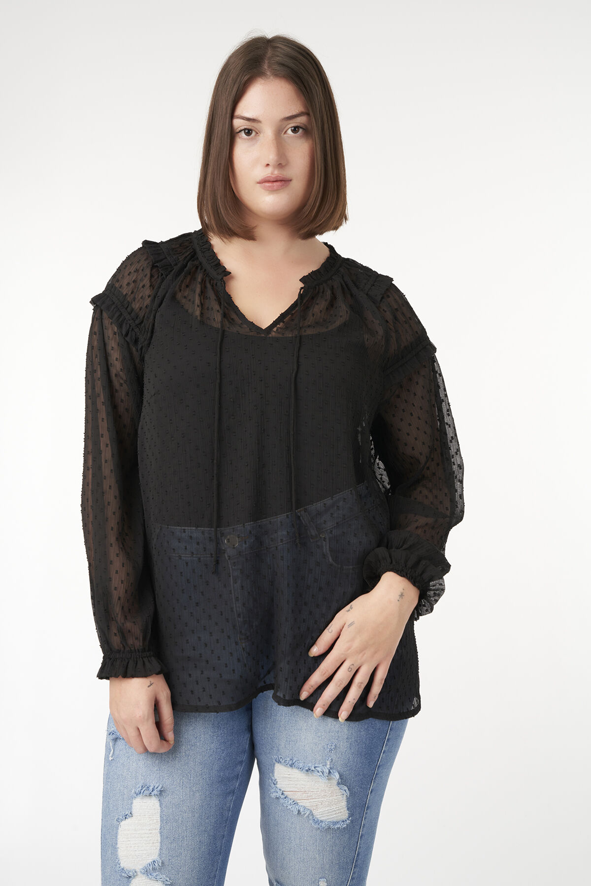 Chemisier semi-transparent &agrave; volants image number 6