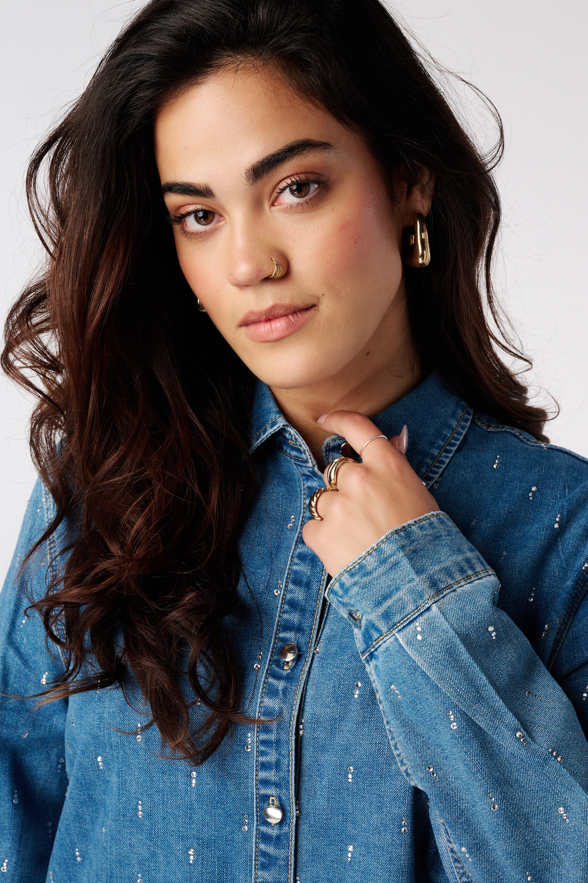 Denim blouse met strass  image number 4