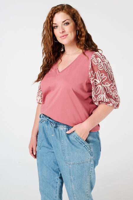 T-shirt met geborduurde mouwen T-shirt met geborduurde mouwen