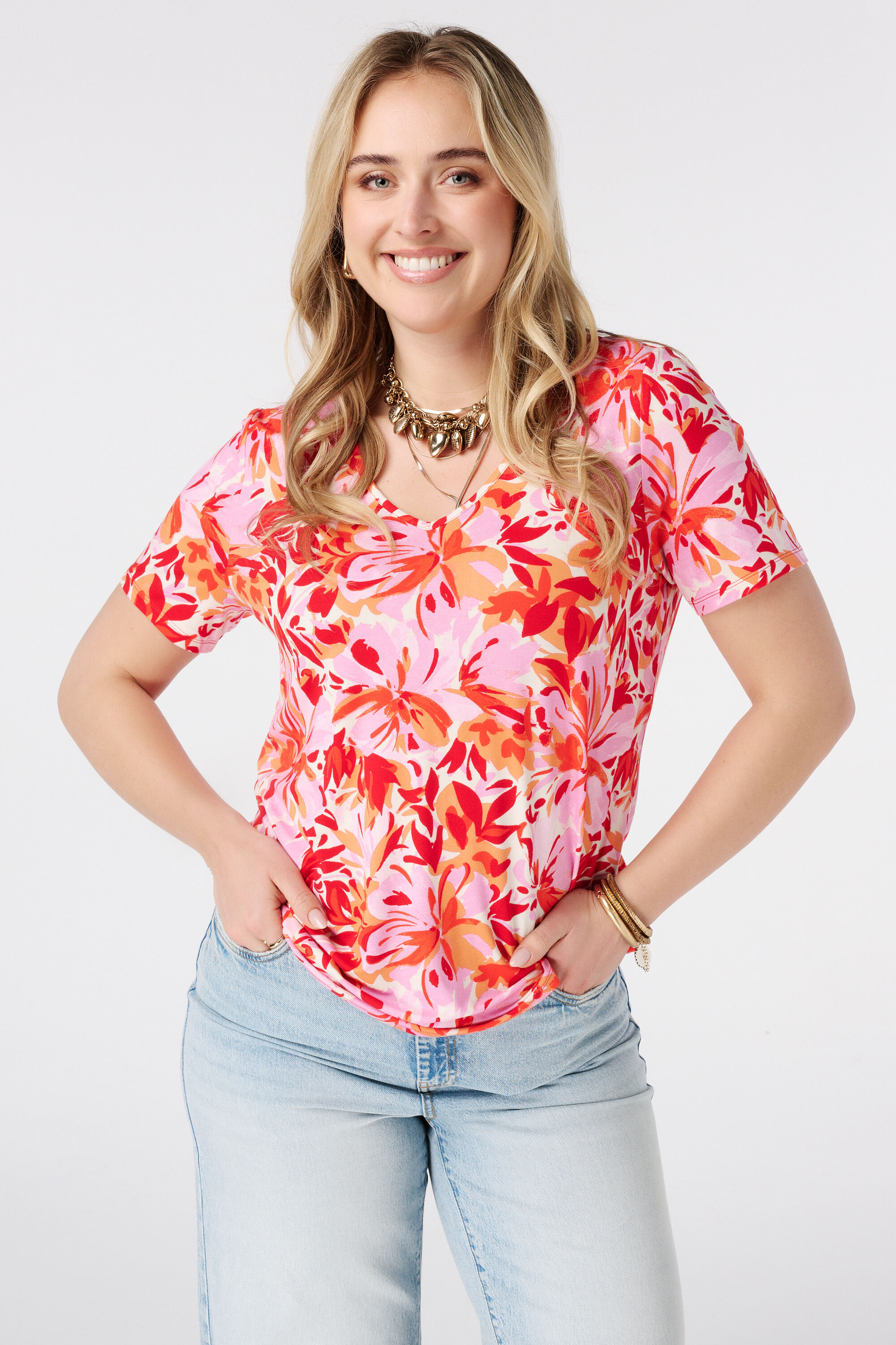 T-shirt met print en v-hals
