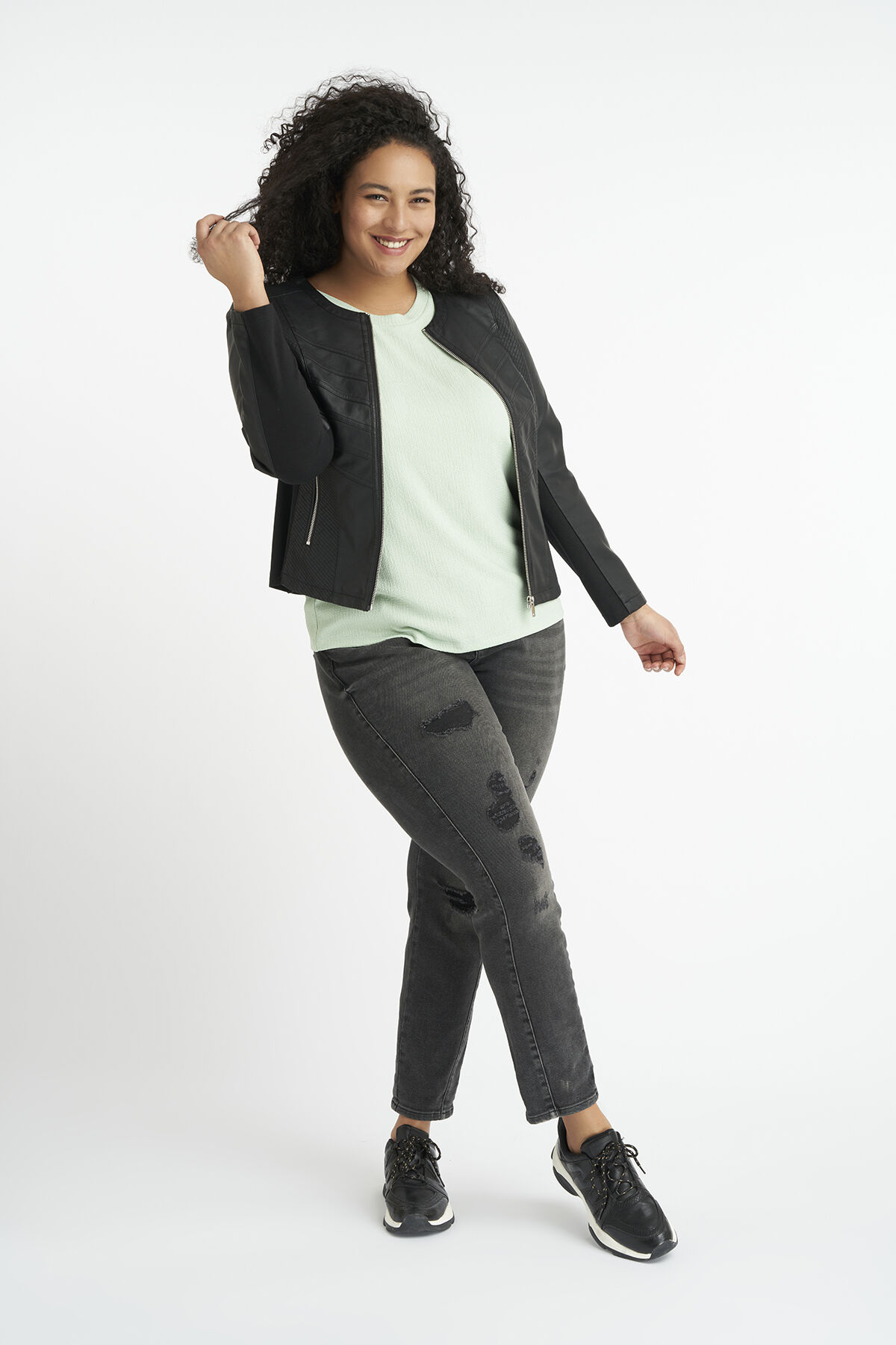 Imitatieleren bikerjack met ronde hals image number 5