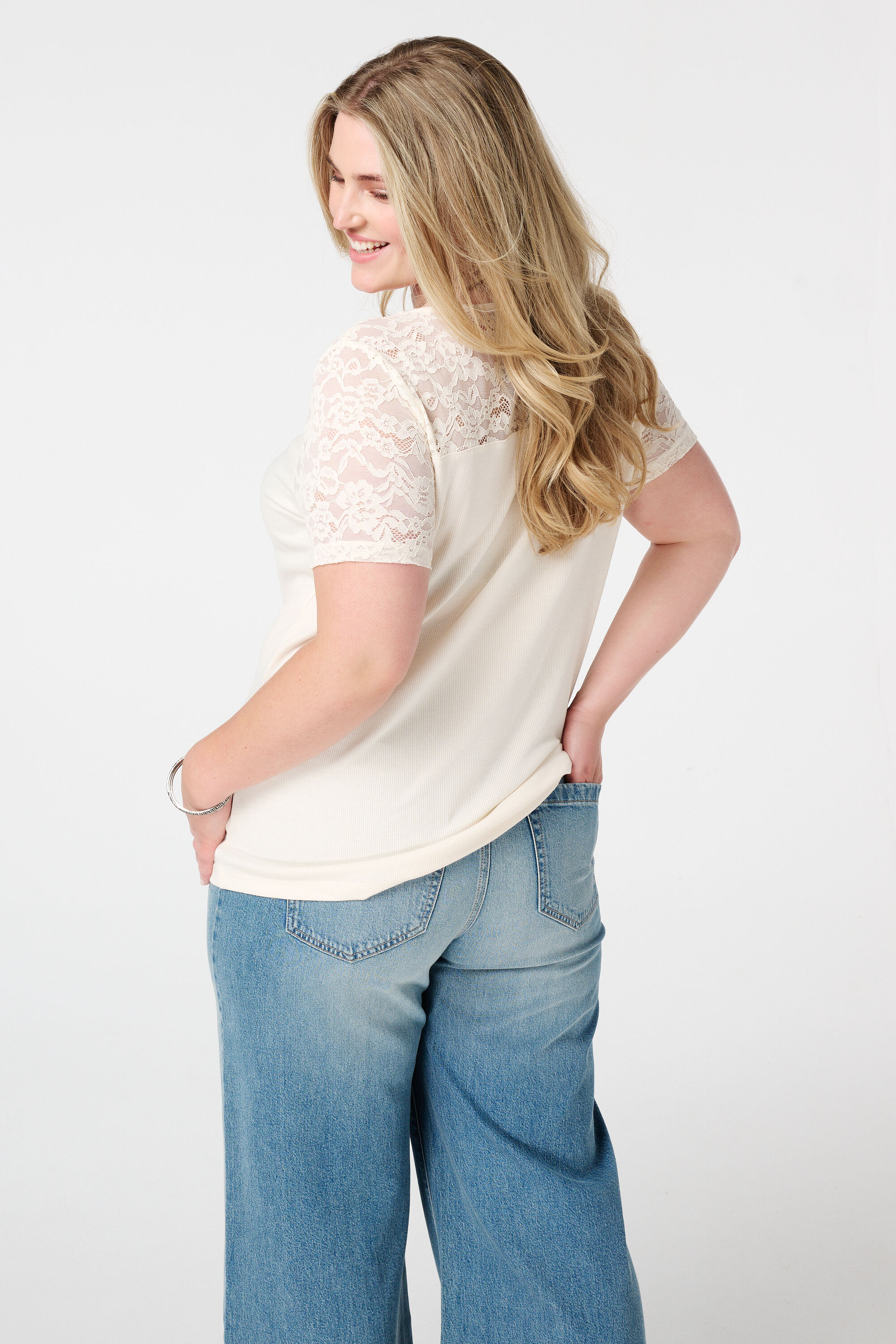 Rib t-shirt met kant  image number 3