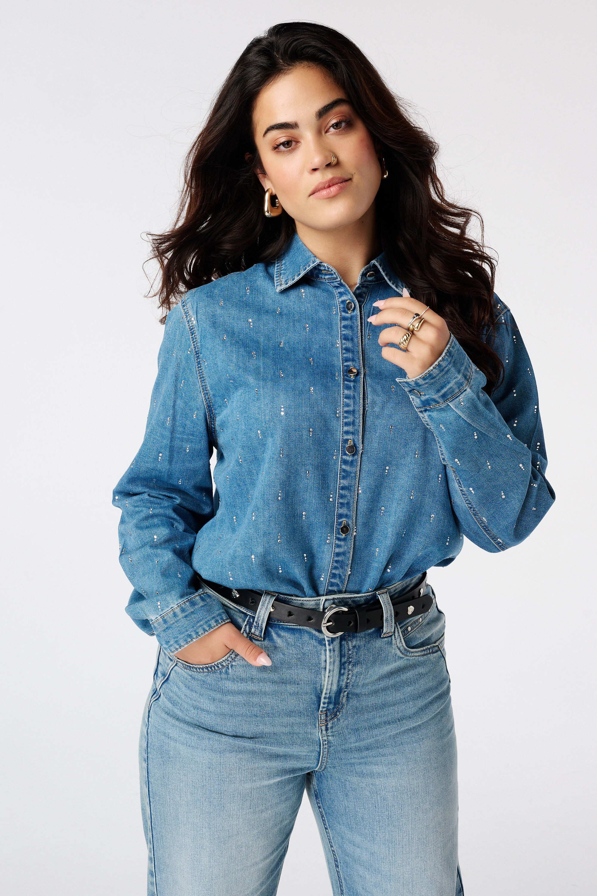 Denim blouse met strass  image number 0