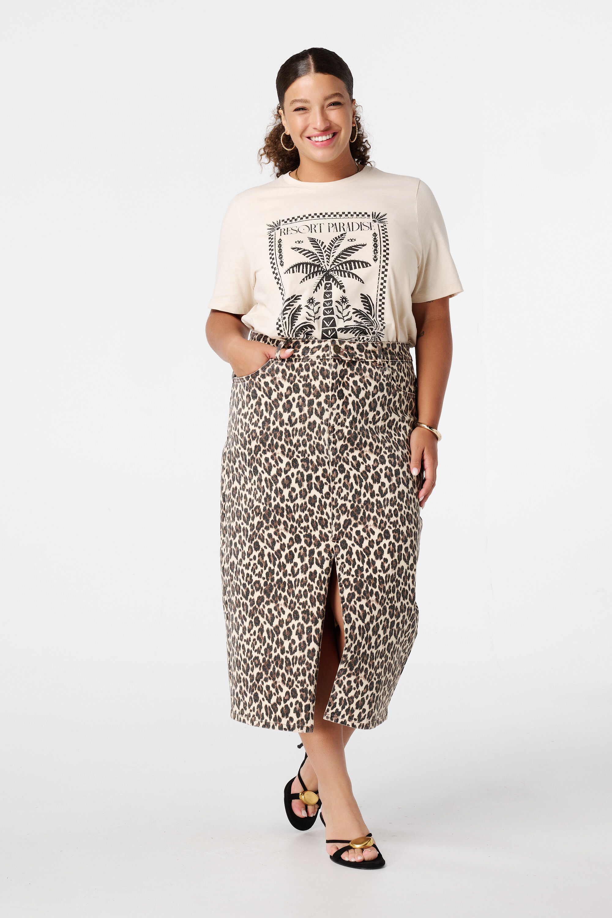 Denim rok met panterprint image number 6