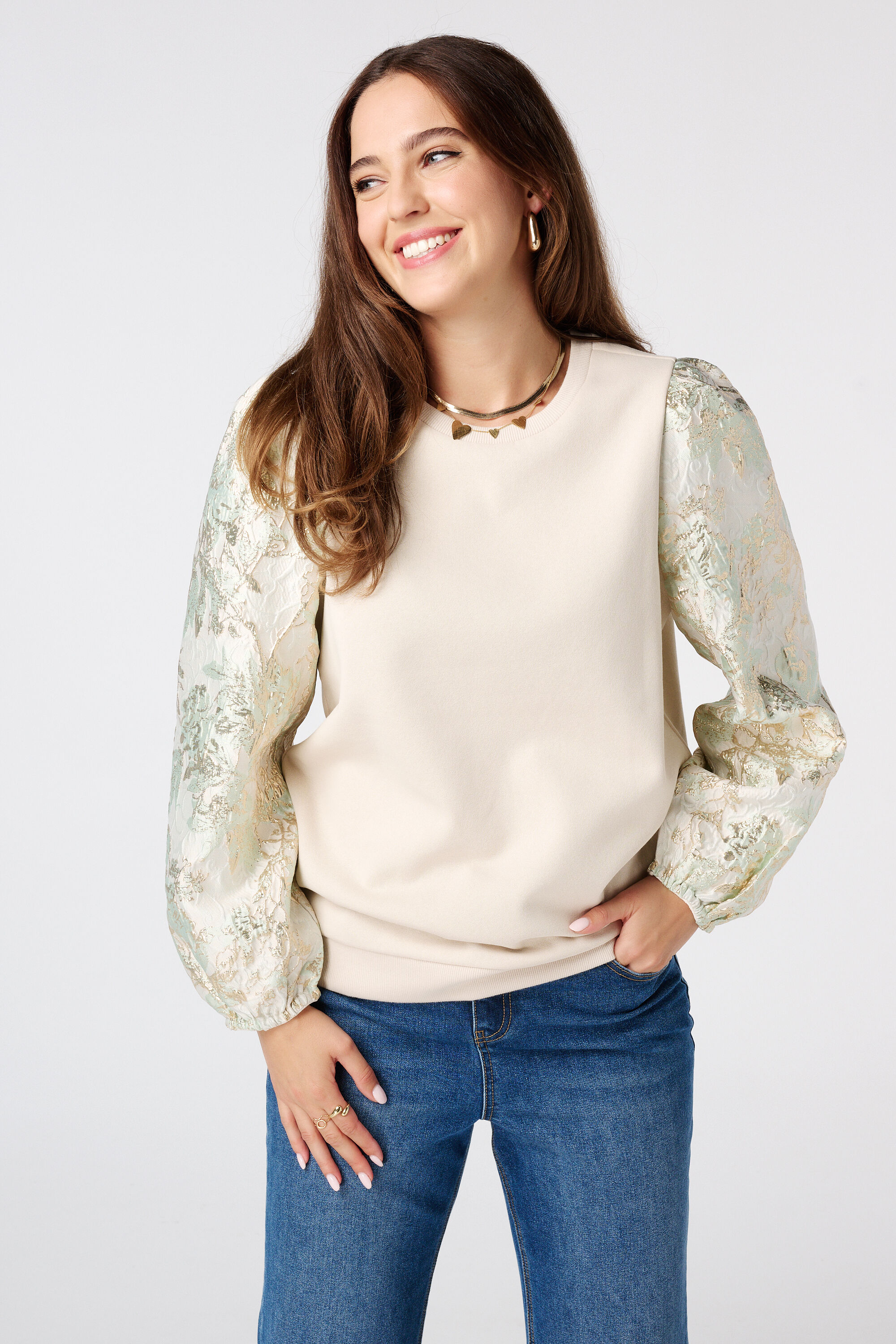 Sweater met jacquard mouwen