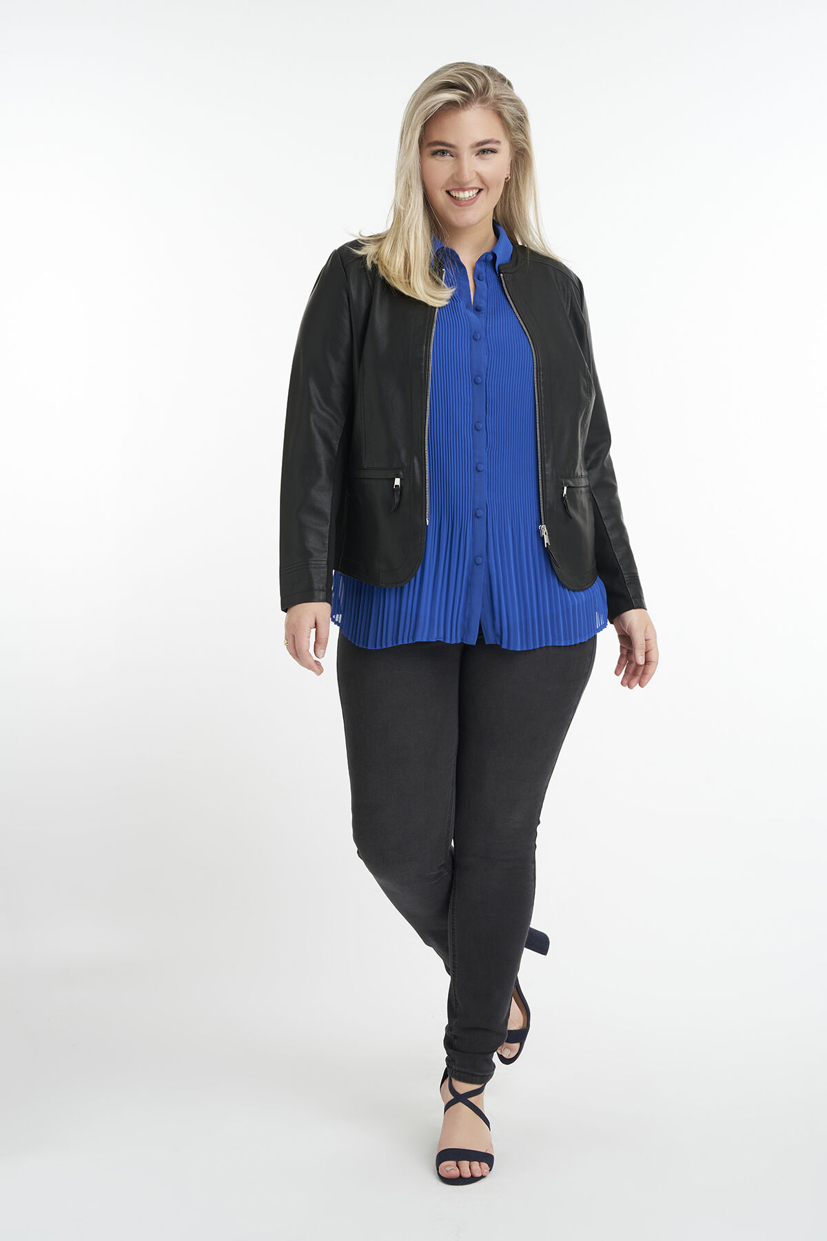 Imitatieleren bikerjack met ronde hals image number 5