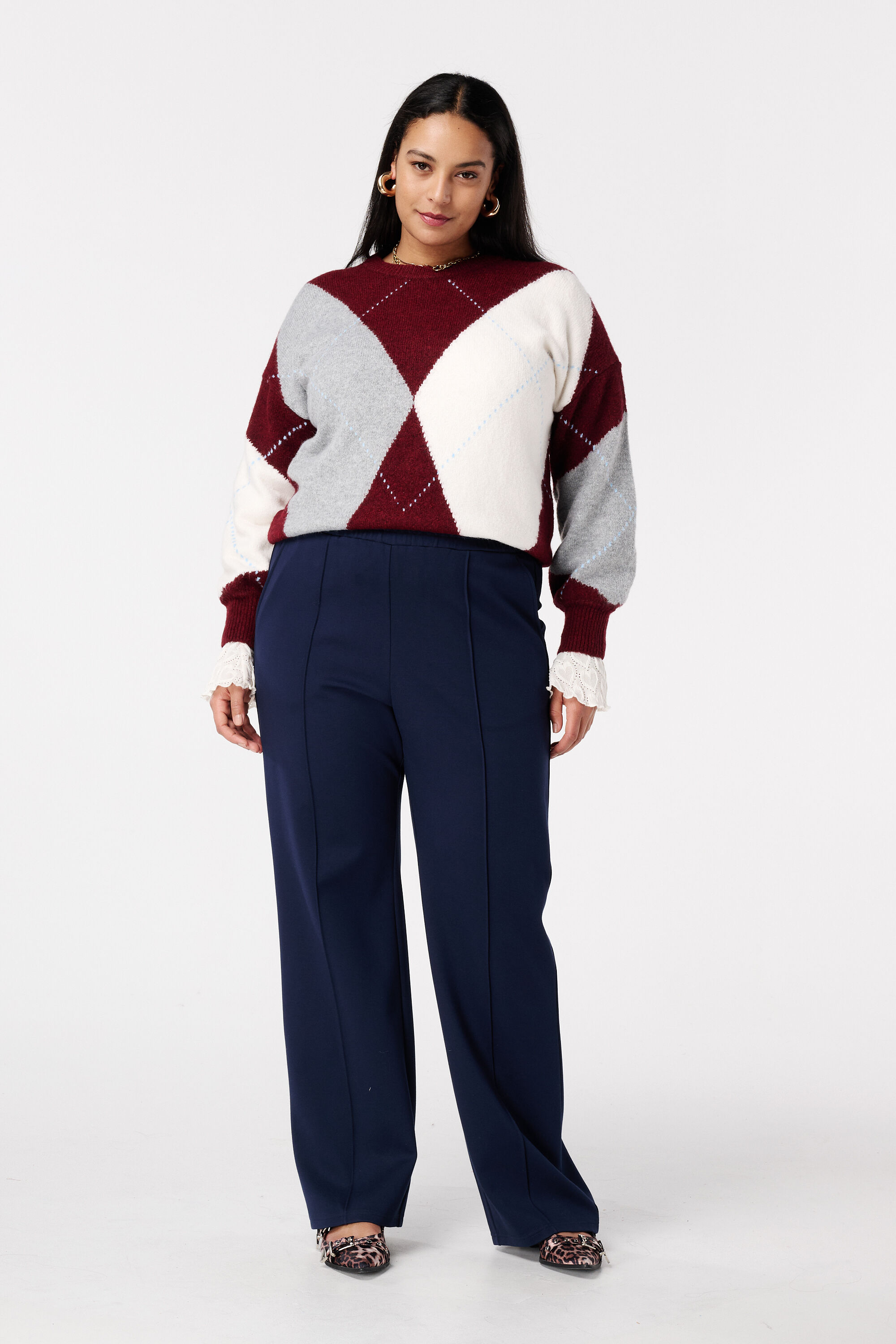 Wide leg pantalon met siernaden