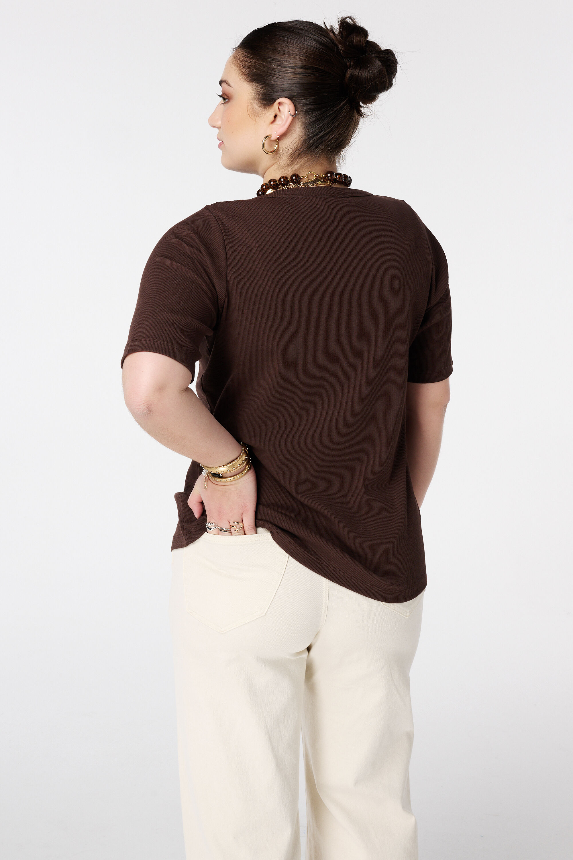 Ribstof top met v-hals image number 3