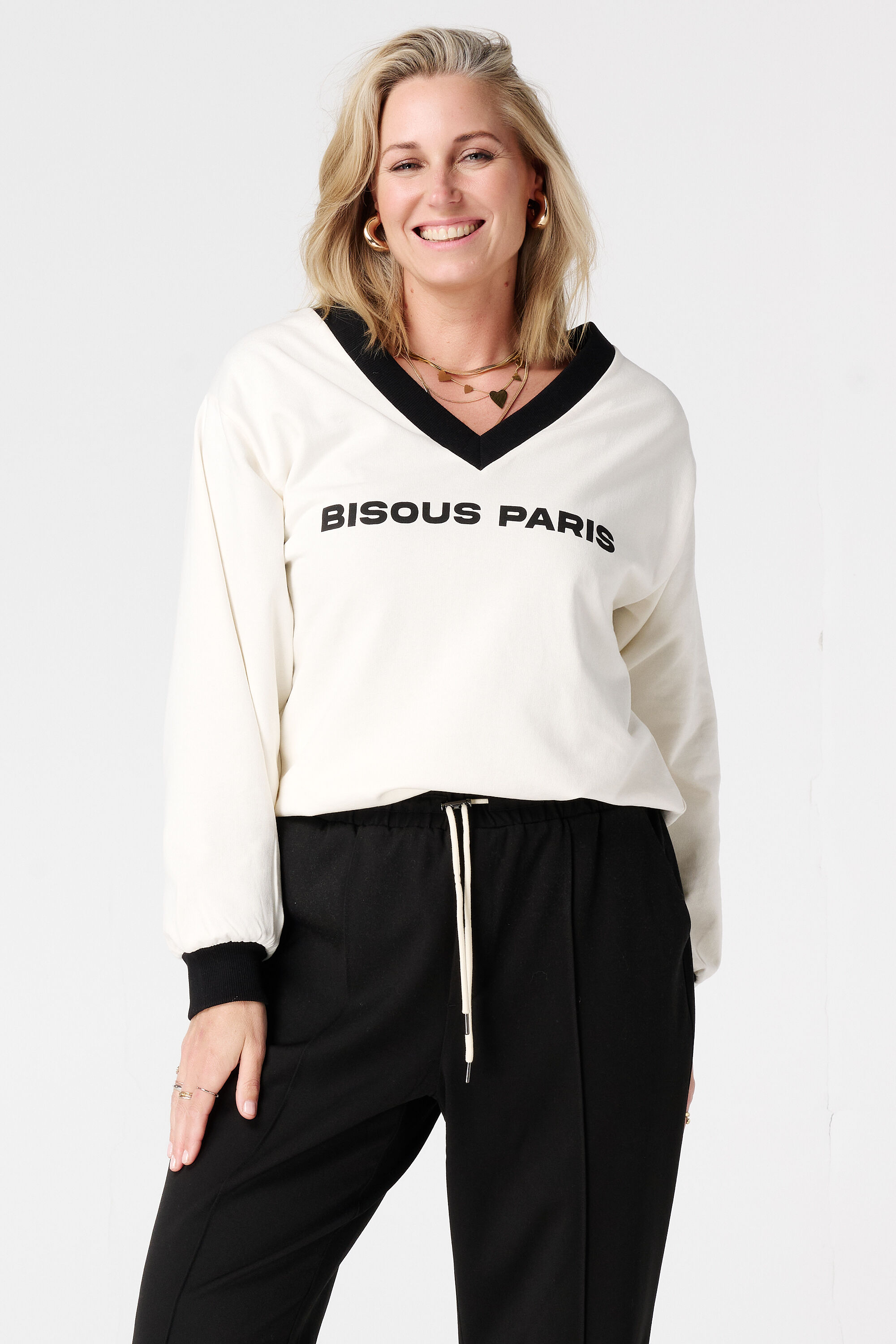 Sweater met V-hals en contrast boorden