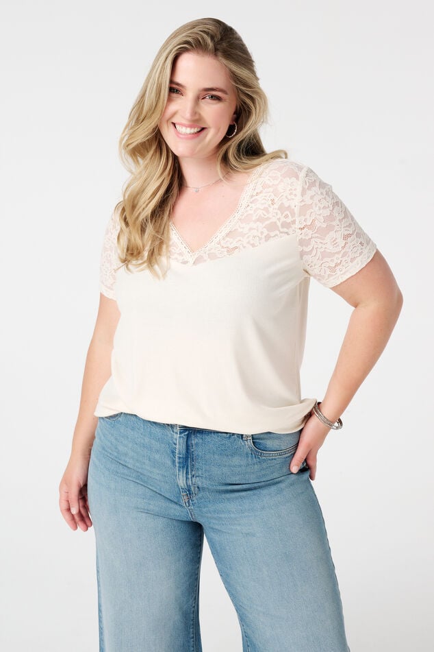 Rib t-shirt met kant  image number 0