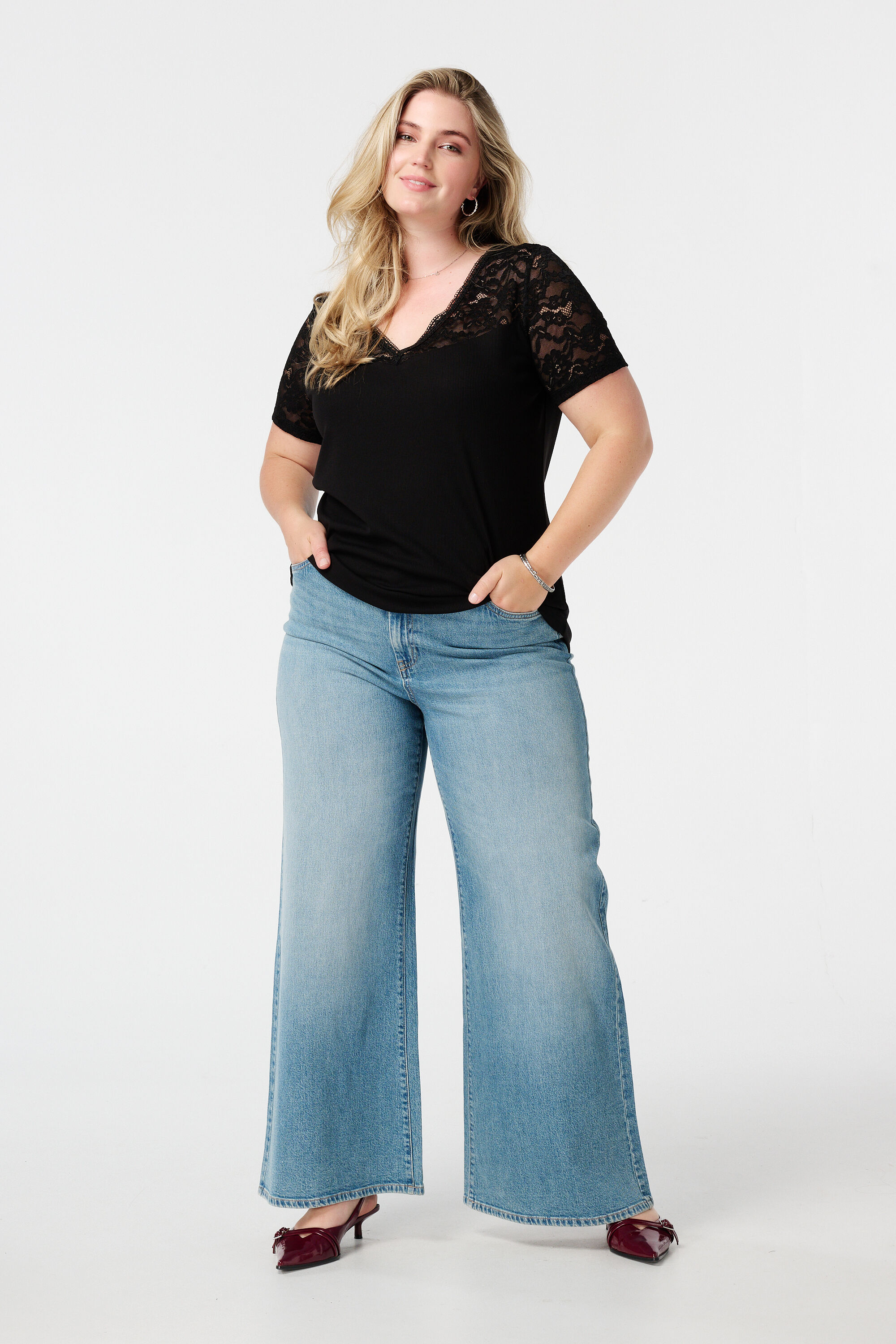 Rib t-shirt met kant  image number 5