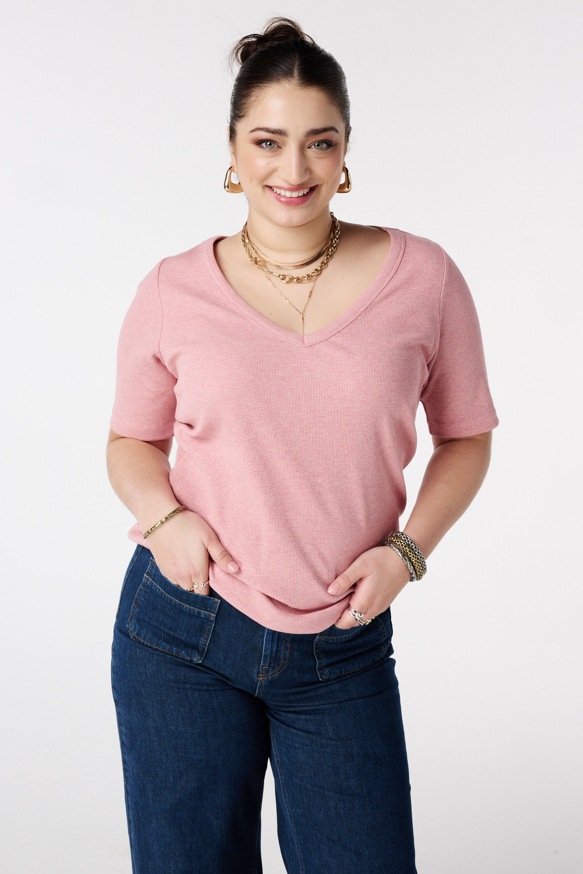 Ribstof top met v-hals