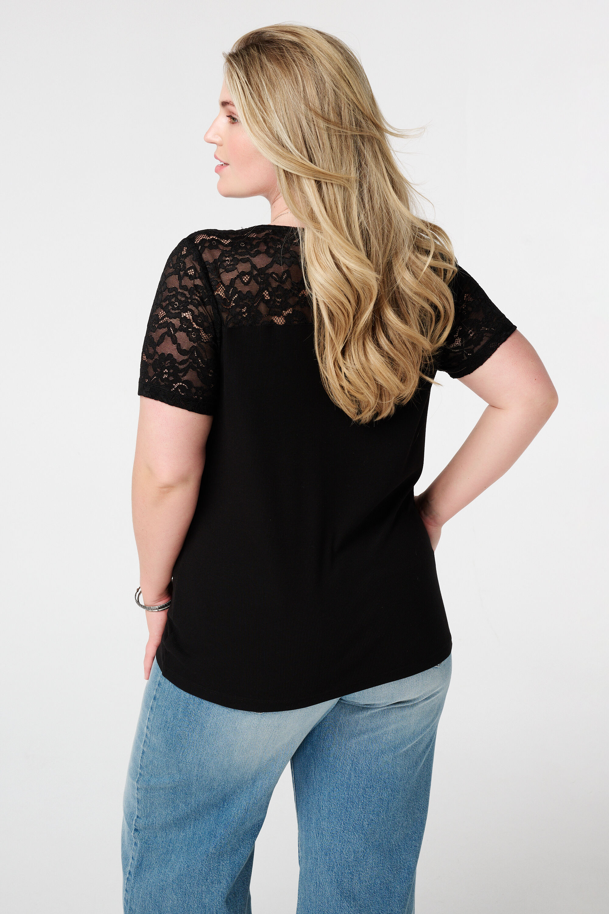 Rib t-shirt met kant  image number 3