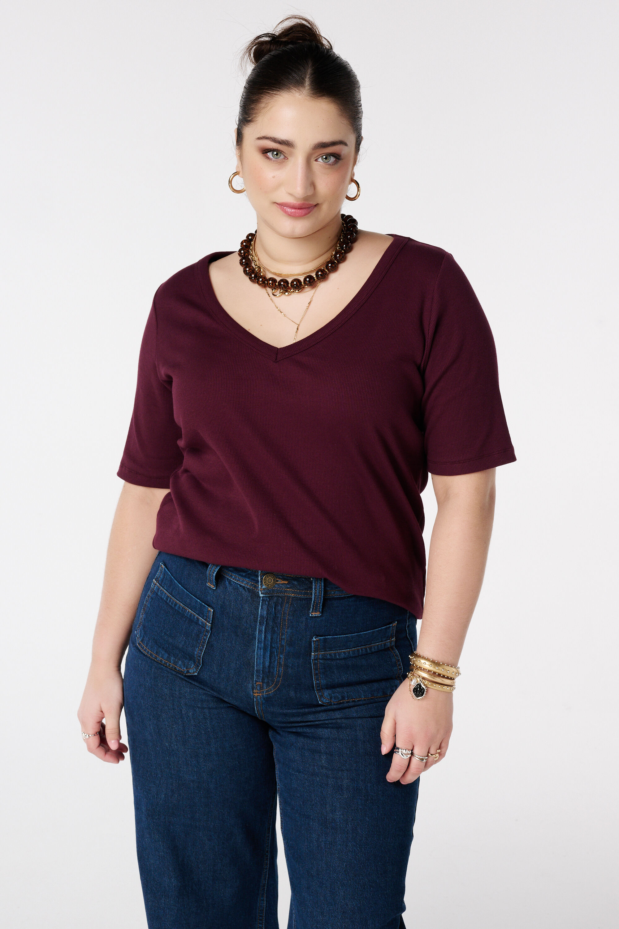 Ribstof top met v-hals