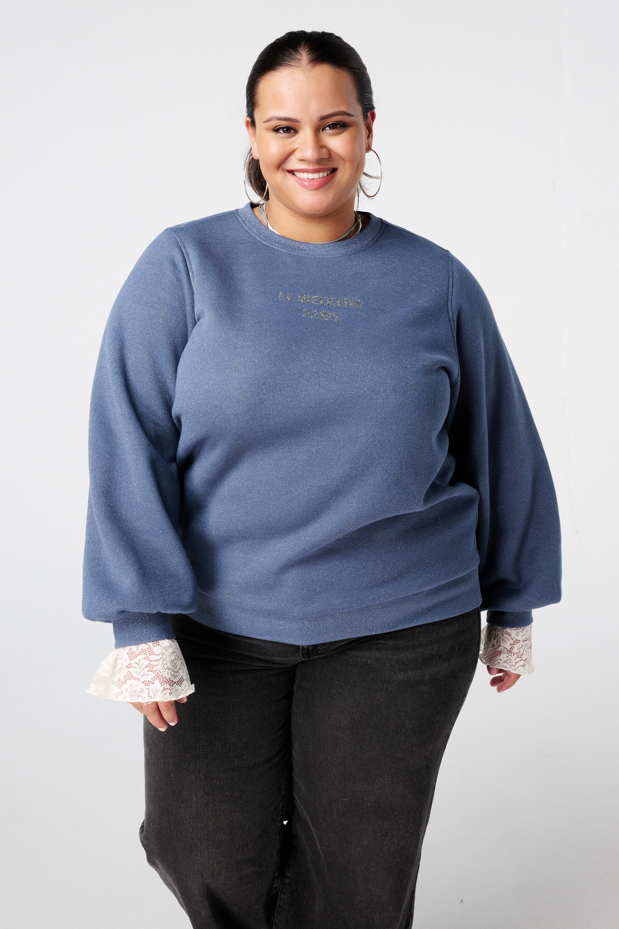 Sweater met lurex en glitter tekst