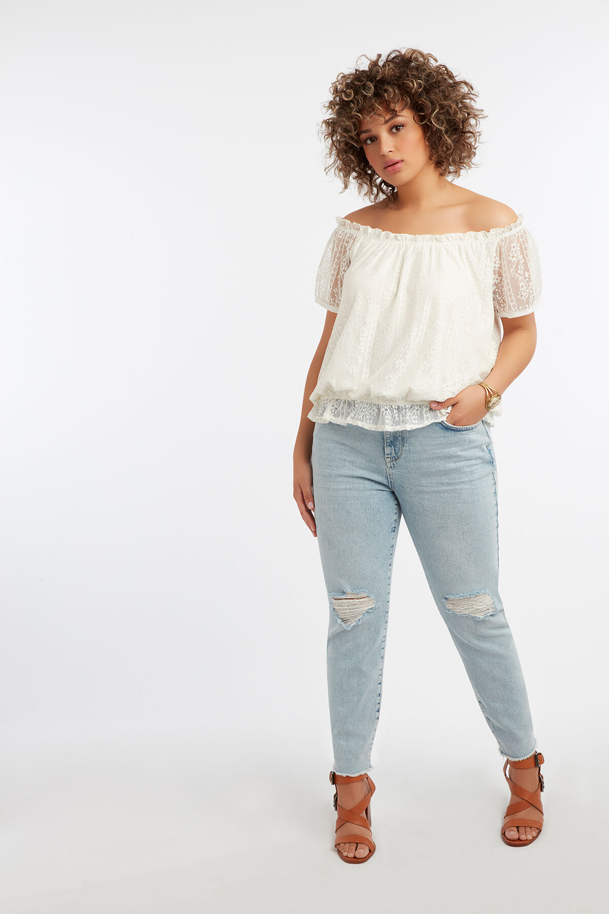 Off-Shoulder top met kant image number 4