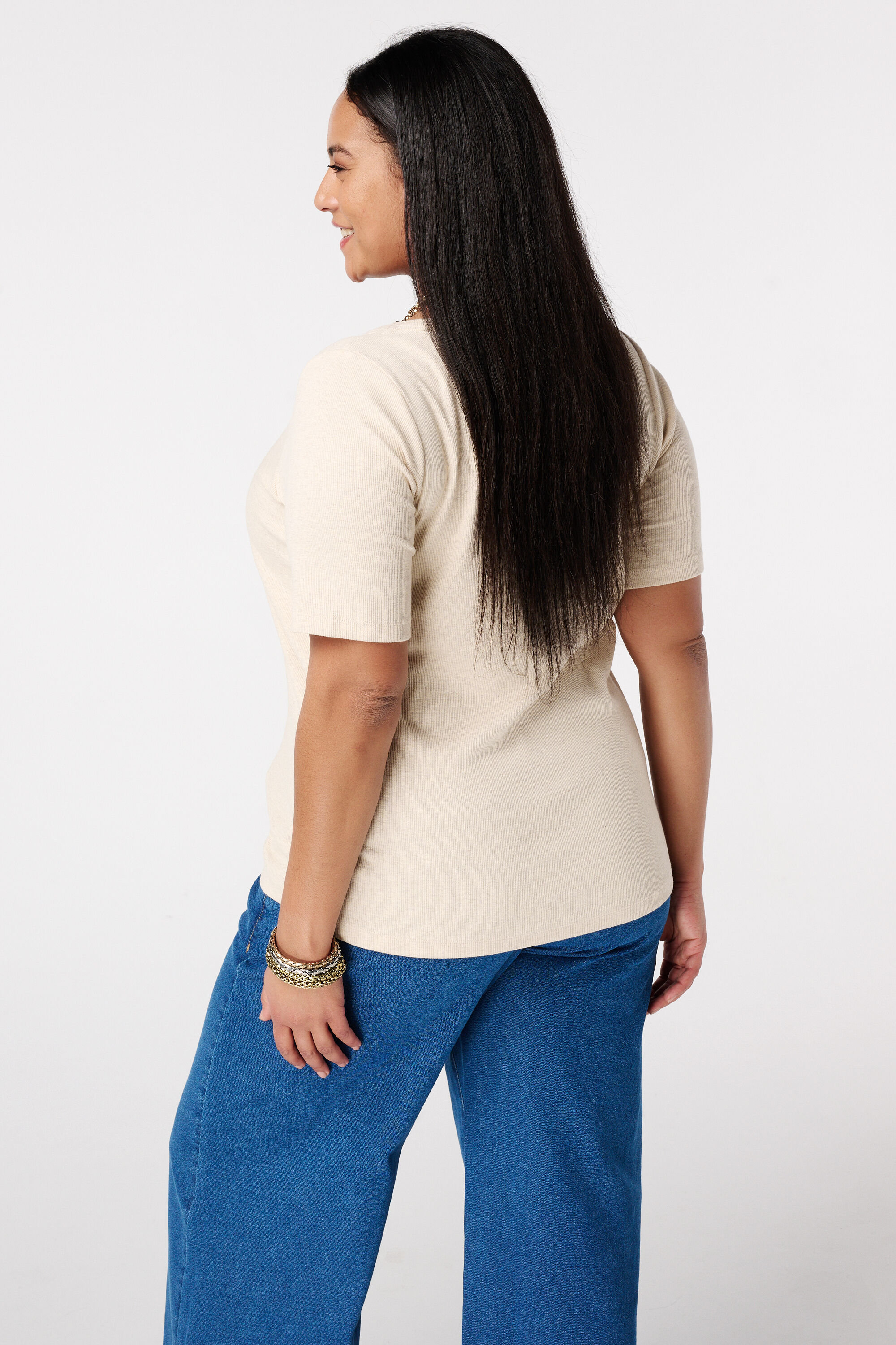 Ribstof top met v-hals image number 3