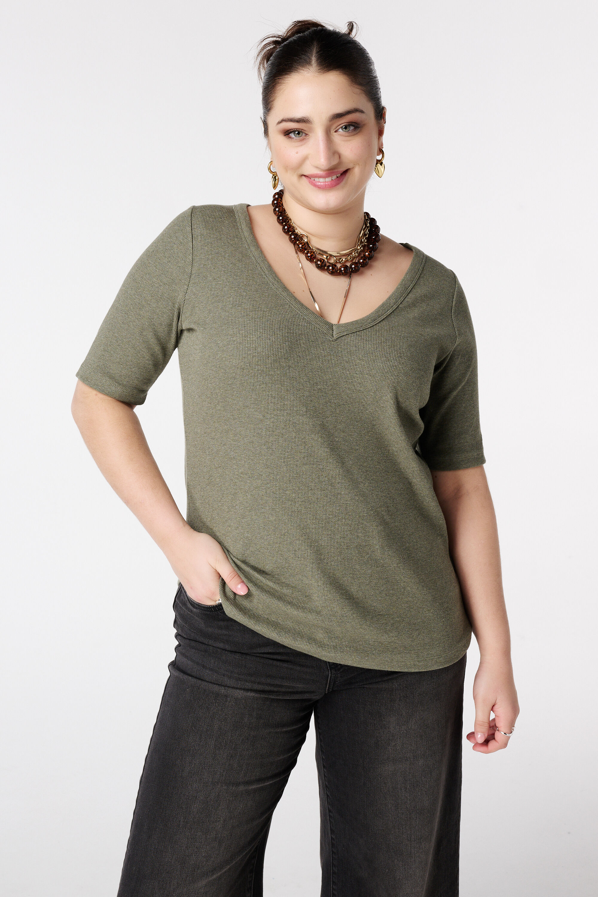 Ribstof top met v-hals