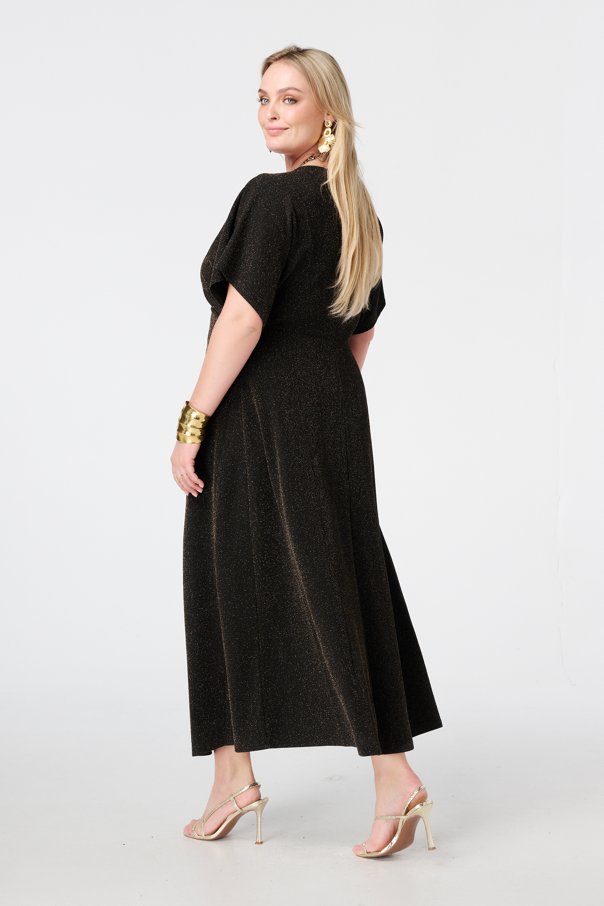 Dames Glitter jurk met vlindermouwen en knoop detail bronze MS Mode