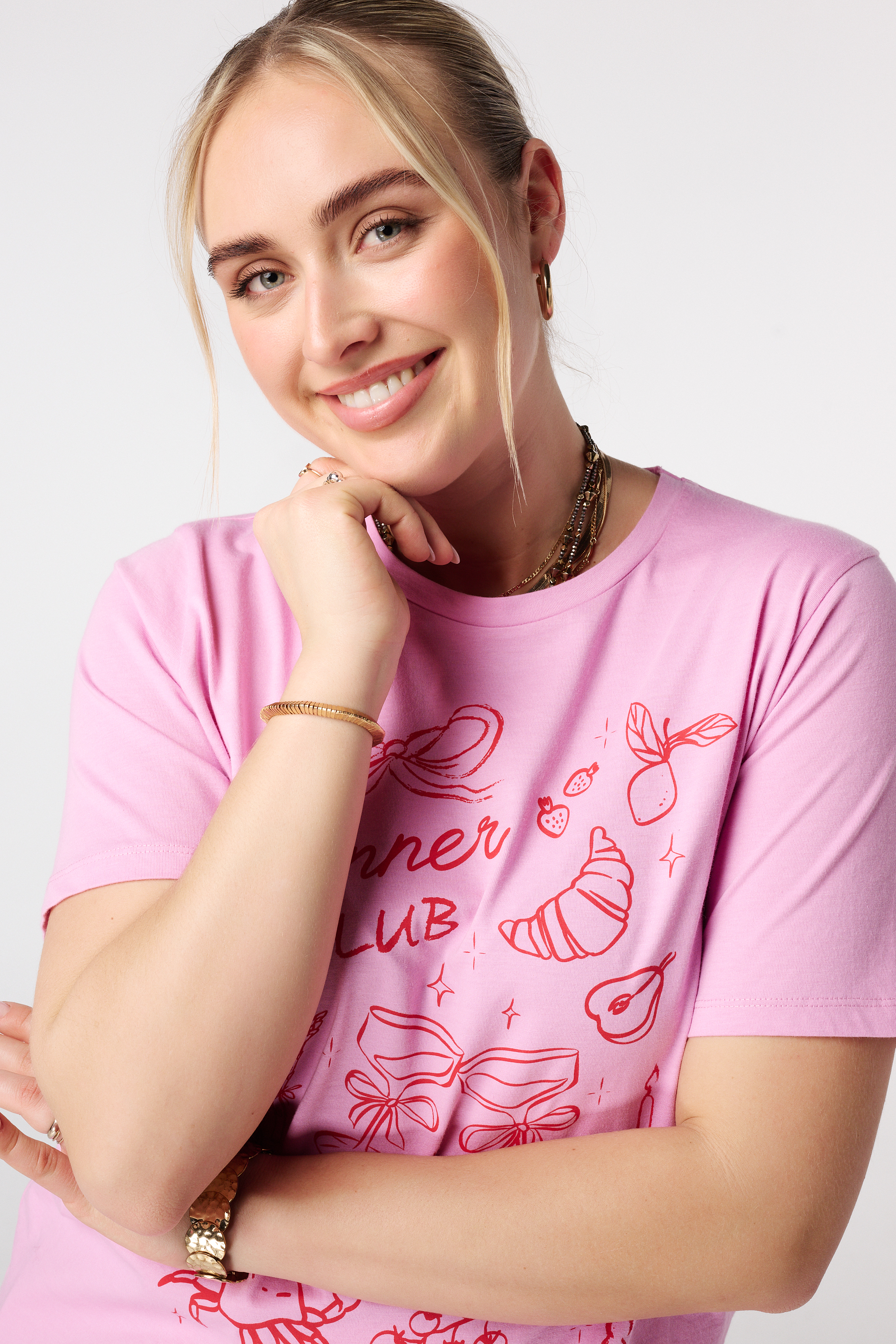 T-shirt Femme Fuschia Dentelle MS Mode Taille L - Manches 3/4, Viscose élastique
